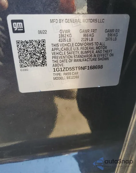 2022 Chevrolet Malibu Lt z USA, uszkodzony, nr VIN 1G1ZD5ST9NF168698